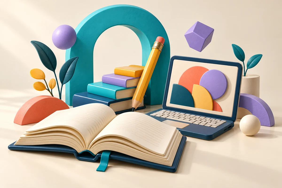 Composición 3D de libro abierto, computadora y objetos creativos que conectan educación y tecnología.